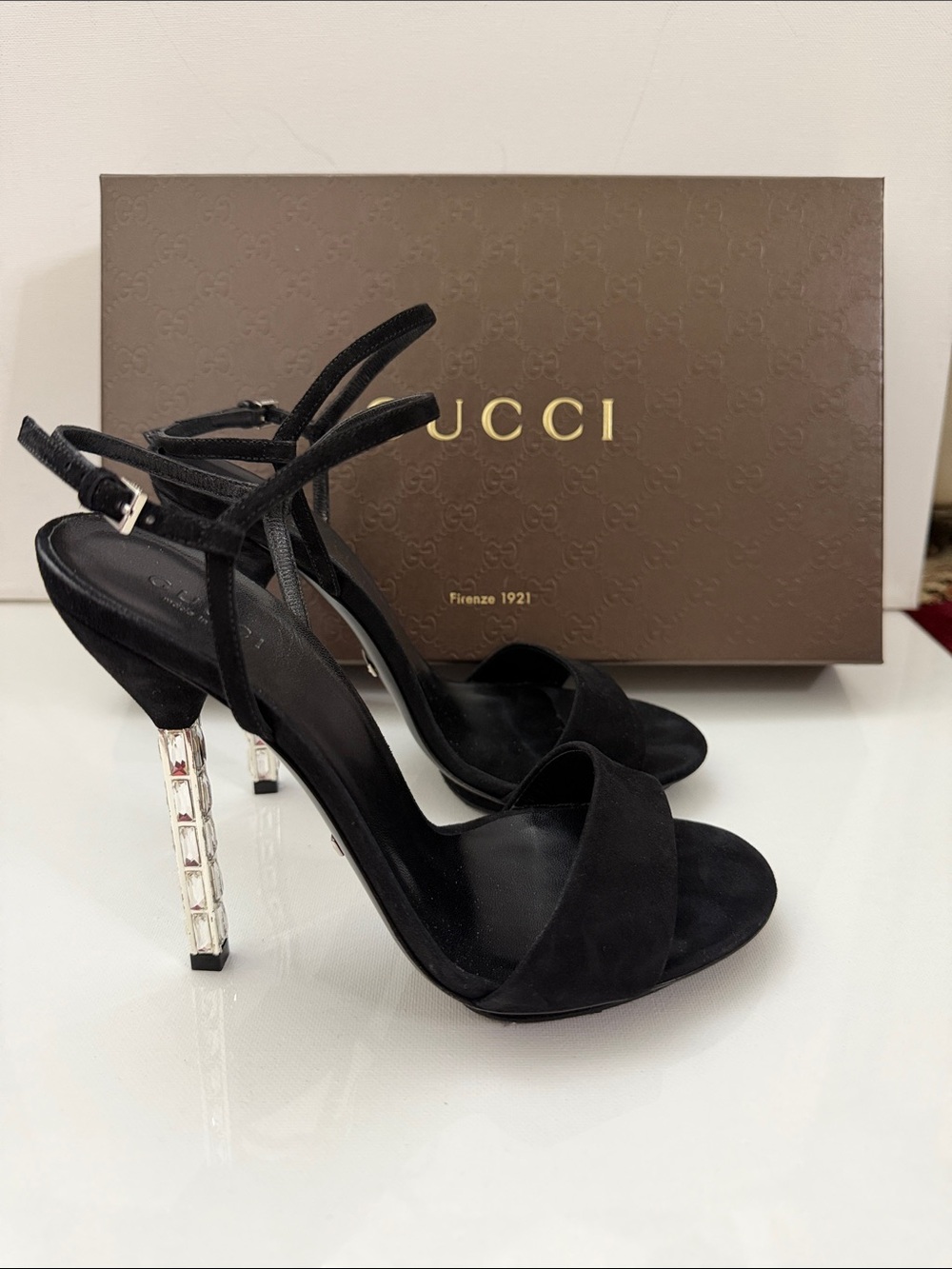 Rare Gucci Black Suede Kid Scamosciato Glass Heel Sandals